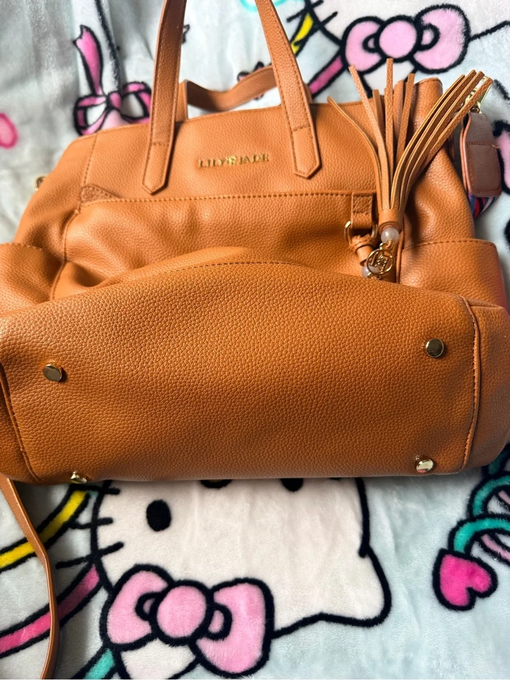 Lily & Jade Tan Leather Tote with Tassel and Colorful Strap